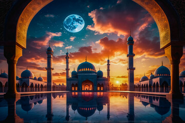 A beautifully illuminated view of a mosque with several minarets at sunset. The sky is filled with bright clouds in shades of blue, pink, and orange, with a visible crescent moon.