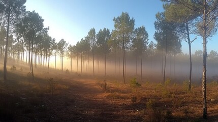 Misty pine forest at sunrise