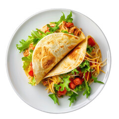 Two tacos on a white plate, topped with chicken, lettuce, tomatoes, and cheese