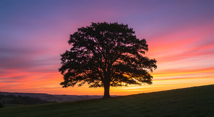 Obraz premium Silhouette of a large tree against a vibrant, colorful sunset sky over a grassy hill.