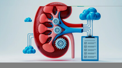 Stylized kidney with gears and digital cloud connection to checklist medical illustration