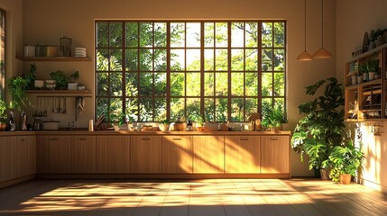 Sunny kitchen with large window overlooking garden