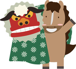 獅子舞と干支の馬のイラスト素材