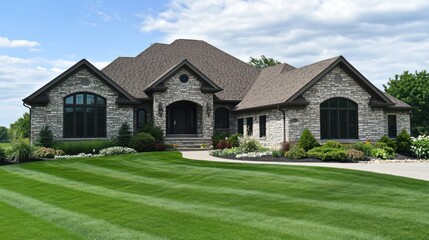 Stone house, landscaped lawn, sunny day, rural setting; real estate listing