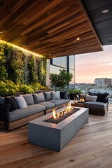 Modern outdoor patio with fire pit, sectional sofa, and green wall