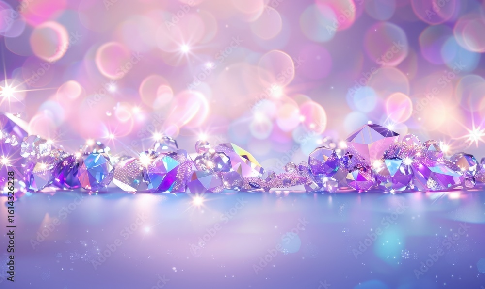 Poster scattered gemstones with sparkle and bokeh background in soft pastel colors
