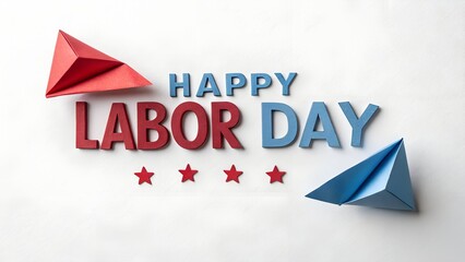 Happy labor day text with red and blue origami airplanes and stars isolated on white background