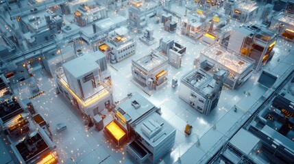 Bright lights illuminate vibrant colors of perovskite layers in various stages of production within a high tech cleanroom, showcasing advanced equipment and futuristic machinery