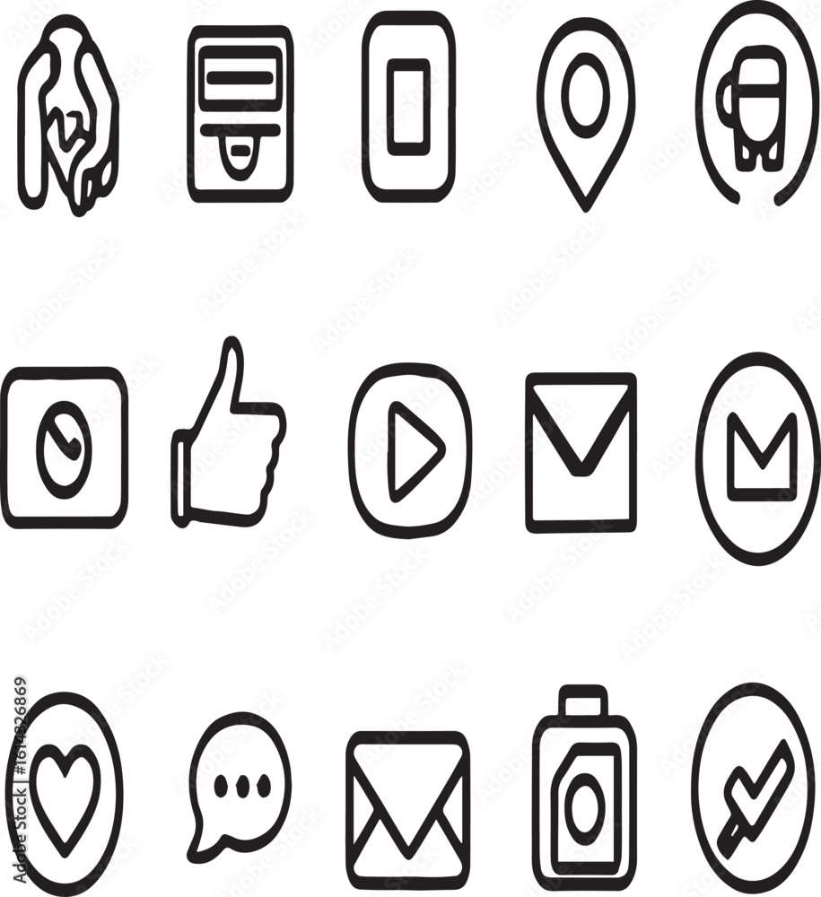 Poster a collection of outline icons representing various functions and symbols on a white background
