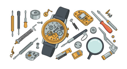 An illustration of a disassembled wristwatch with gears and various tools scattered around it on white