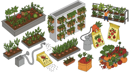 Isometric illustration of a person tending to various vegetable gardens and vertical planting systems indoors