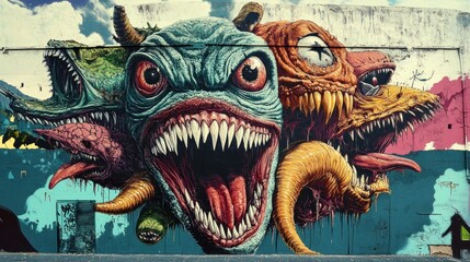 Gigantic monstrous creatures mural, colorful and detailed, urban art, vibrant street art, intense expression, fantasy monsters, detailed painting, imaginative artwork