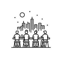 People sitting at a bar with cityscape background under a moonlit sky in a minimalist line art style