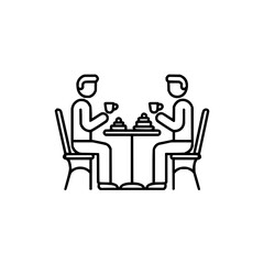Fototapeta premium Two people sitting at a table drinking coffee and eating cakes in a minimalist line art illustration