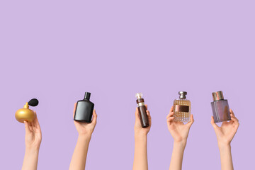 Female hands with many bottles of perfume on lilac background
