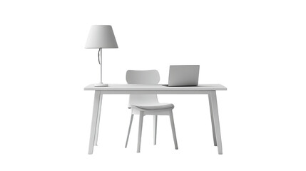 Minimalist White Home Office Setup with Laptop and Lamp, PNG