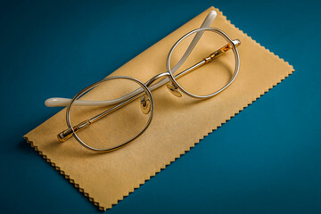 A pair of stylish gold-framed eyeglasses with clear lenses resting on a yellow cleaning cloth against a blue background. Sleek and practical for vision and fashion themes.