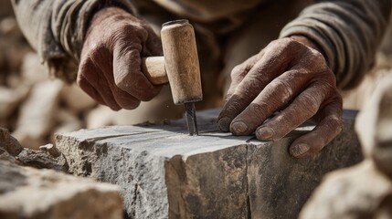 Closeup medium shot of a craftsman using a hammer and chisel to carve channel holes into weathered soapstone blocks emphasizing focused technique against soft outoffocus quarry