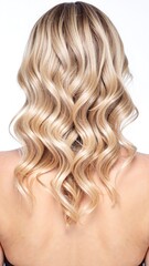 Fototapeta premium A woman with flowing blonde hair styled in long, elegant wavy curls, radiating confidence and grace, stands against a soft, neutral background.