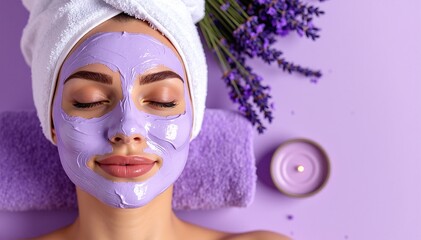 A woman relaxes at home, wearing a soothing lavender facial mask. Her skin glows, and she enjoys a moment of self-care, surrounded by candles.