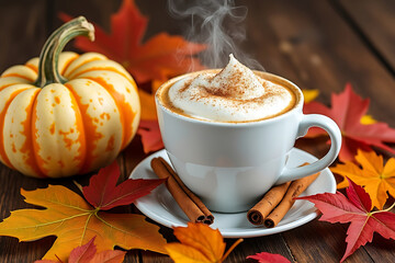 Cozy Autumn Coffee with Cinnamon and Pumpkin on a Wooden Table Aromatic Fall Beverage