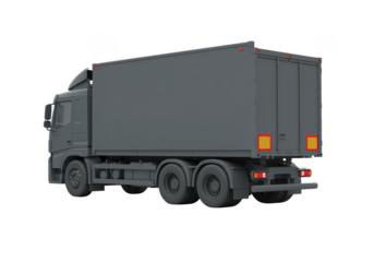 A gray delivery truck is captured from a rear threequarters perspective, isolated on transparent background, showcasing its cargo capacity and transportation capabilities