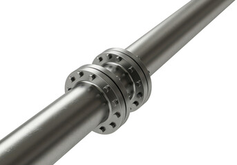 A shiny metal pipe with bolted flanges, isolated on transparent background, showcasing industrial plumbing and engineering components