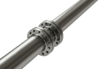 A shiny metal pipe with bolted flanges, isolated on transparent background, showcasing industrial plumbing and engineering components