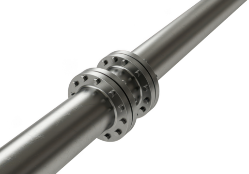 A shiny metal pipe with bolted flanges, isolated on transparent background, showcasing industrial plumbing and engineering components
