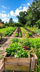A rustic wooden box brimming with a vibrant assortment of fresh vegetables, including tomatoes, carrots, and leafy greens, alongside potted herbs.