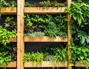 A rustic wooden planter brimming with vibrant green herbs like basil and rosemary, alongside colorful flowers, creating a lush, inviting garden display.