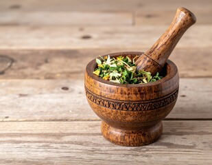 A rustic wooden mortar bowl filled with vibrant green herbs, showcasing a variety of textures and shades, set against a soft, natural backdrop.