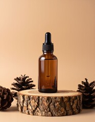 A small, clear glass bottle filled with golden pine oil, featuring a wooden cork stopper, surrounded by fresh pine needles and cones on a rustic wooden table.
