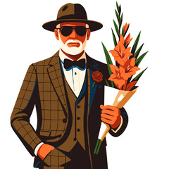Stylish elderly man in checkered suit with gladiolus bouquet in vector style, warm tones, honor and celebration concept