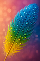 Bright feathers placed diagonally along the frame, with intricate quills and sparkling water droplets on the surface