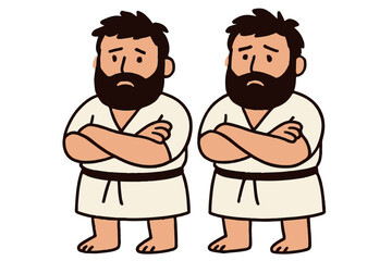 Fototapeta premium Sad Cartoon Bearded Twins in Martial Arts Uniforms with Arms Crossed, Depressed and Concerned Expressions, Character Design, Illustrative Art