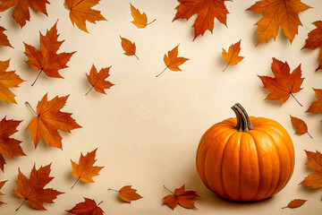 Autumn maple leaves scattered in various warm colors—old orange, burnt sienna, golden yellow, and rustic brown—float and fall gently against a soft, neutral background.
