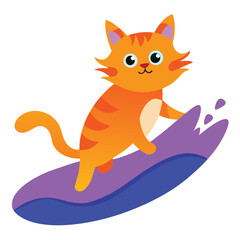 Obraz premium Cartoon Orange Cat Surfing on a Purple Surfboard with Water Splashes Around