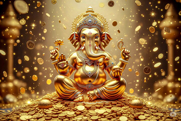 A golden statue of the Hindu god Ganesha, seated in a majestic lotus position atop a mound of coins and glittering gold treasures