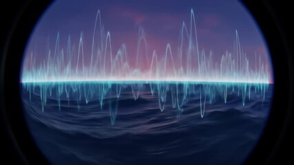 Abstract ocean view through porthole with sound waves graphic and horizon line. - Powered by Adobe