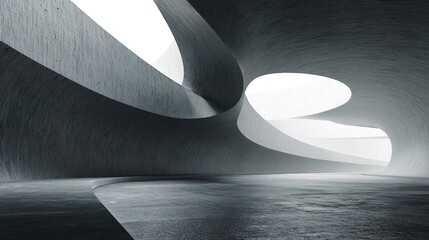 3d illustration of abstract wavy architecture background, Minimal curved geometry architectural design, Car presentation backdrop with empty concrete floor, Flowing geometric metal building design