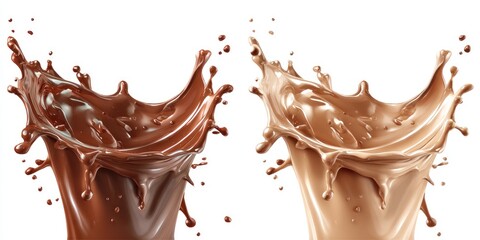 Two vibrant chocolate splashes, dark and light brown, against a stark white background, showcasing dynamic texture and fluidity