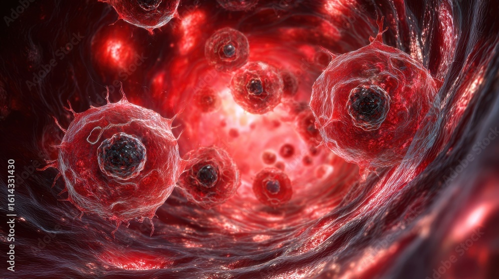 Poster 3d rendered cellular environment showing hyperactive immune cells devouring hematologic cells surrou