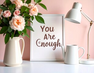 You are enought. picture frame with text and flowers agains wall. Generated image