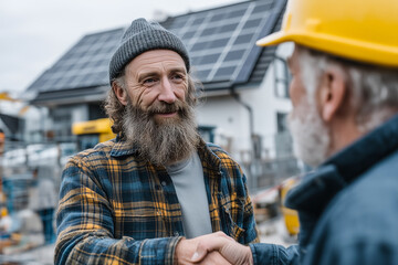 Builder Shaking Hands With Client Outside Energy Efficient House With Rooftop Solar Panels