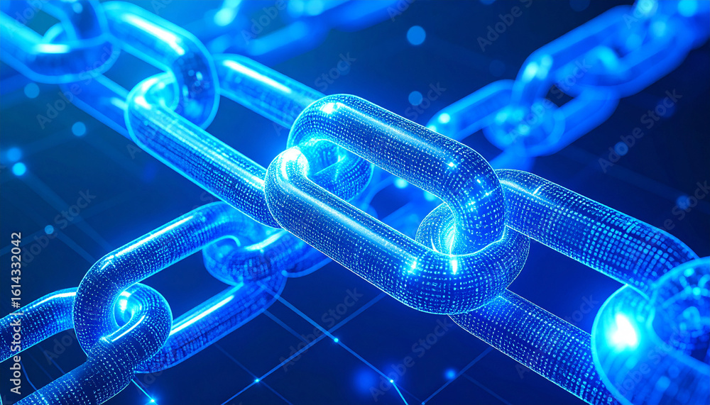 Poster interconnected chain: a network of luminous, interconnected chain links against a vivid blue backdro