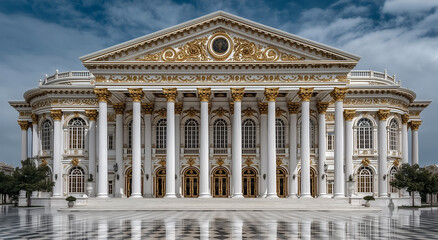 Neoclassical Palace With Majestic Columns, Ornate Facade Details and Marble Courtyard Reflections
