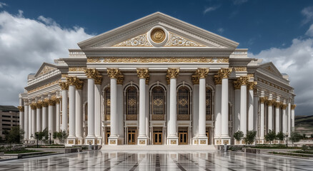 Obraz premium Neoclassical Marble Structure With Corinthian Columns, Golden Capitals and Monumental Facade Design