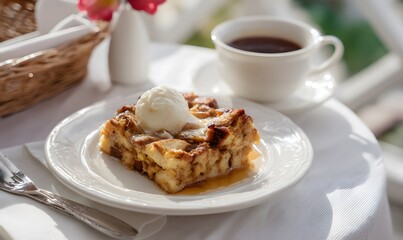 Sliced apple bread pudding served on a plate with mascarpone cream, coffee cup beside