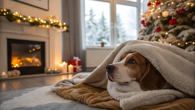 Dog wrapped in blanket near christmas tree and fireplace indoor